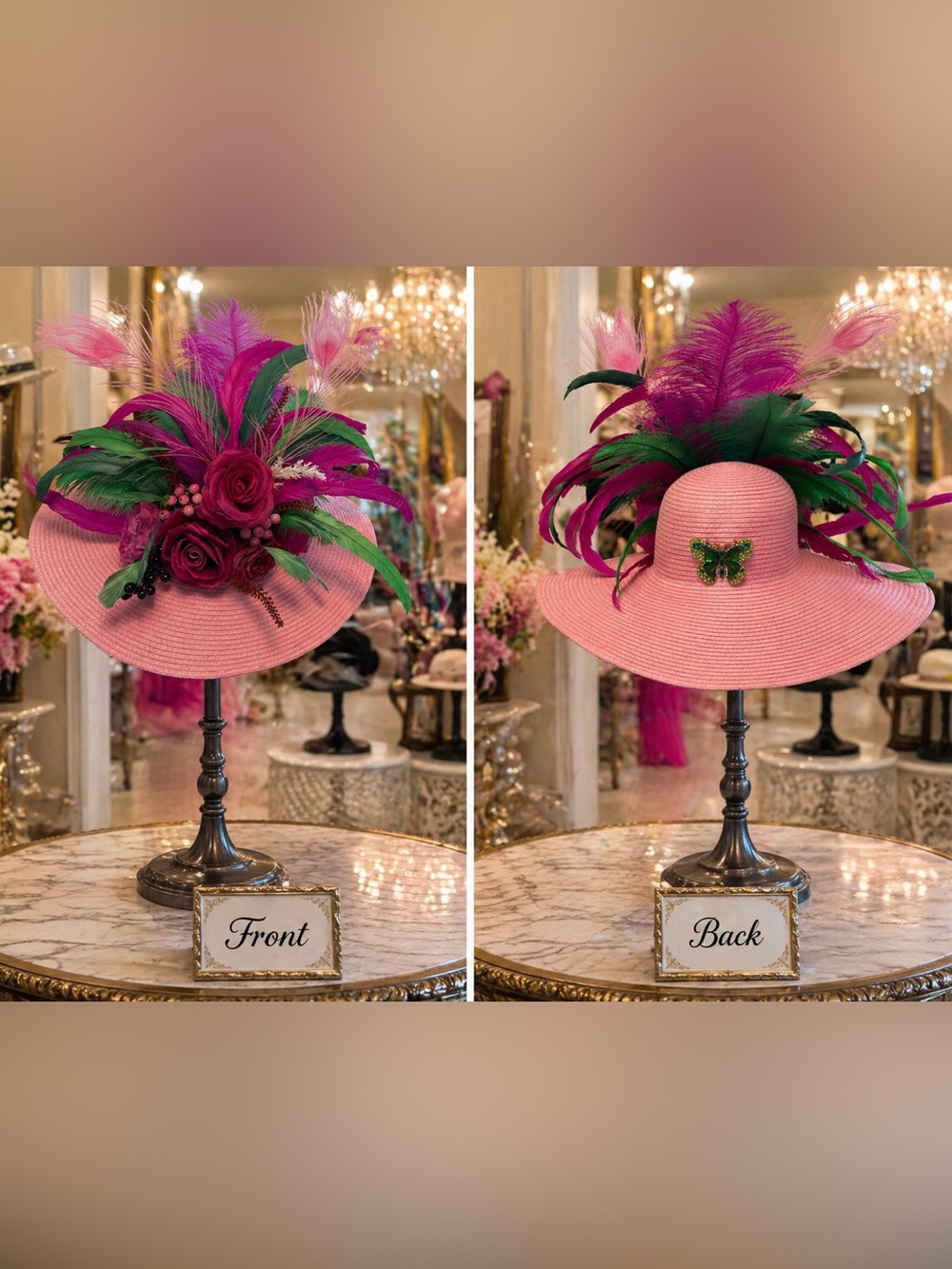 Kentucky Derby Pink Wide-Brim custom Straw Hat with matching pocket square.